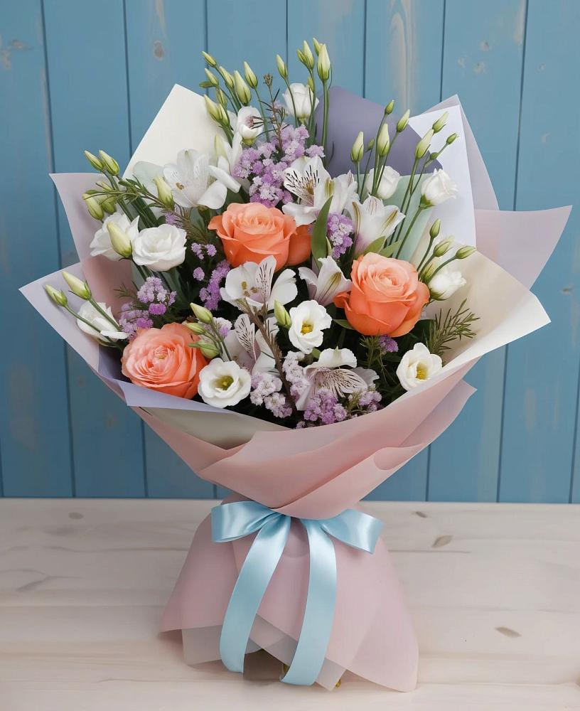 Букет цветов из: Лизиантусы, Розы, Альстромерии и Гипсофила в Аничково